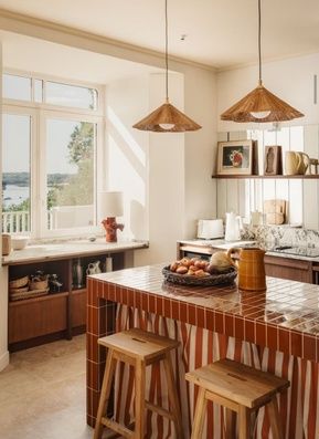 Inspiration : îlot carrelé, suspensions en osier