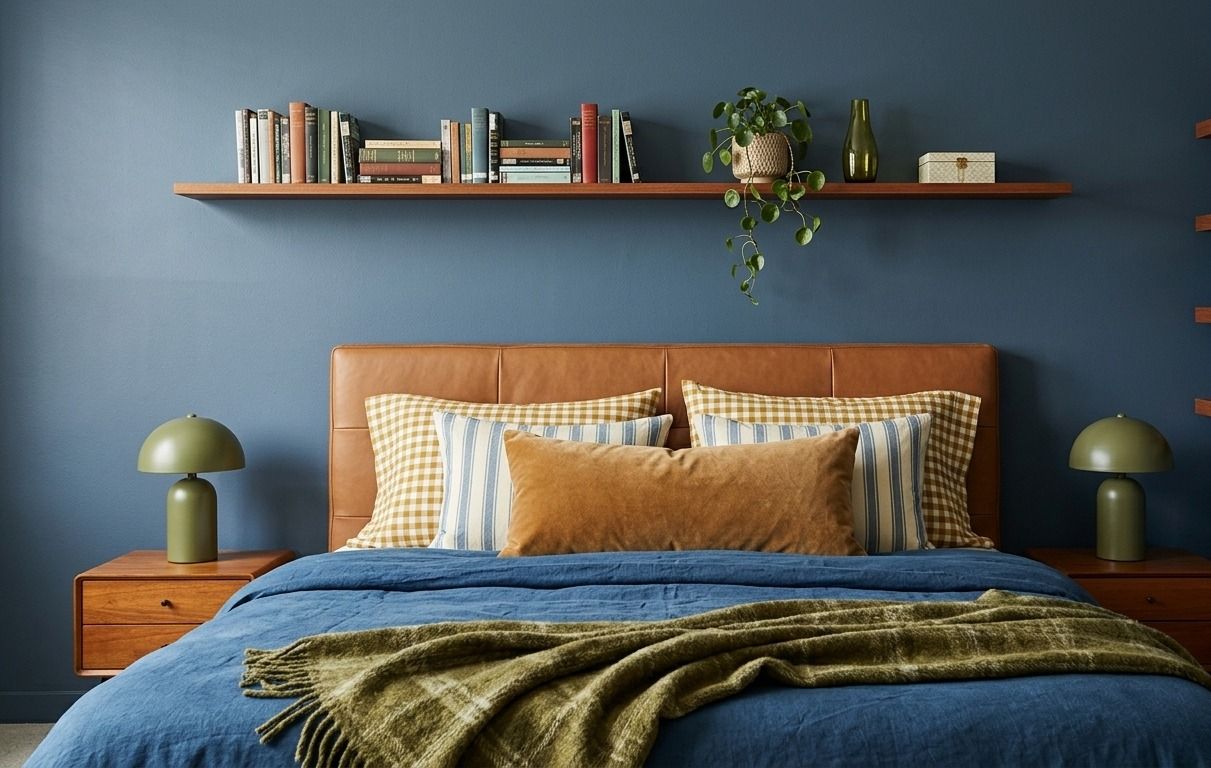 Visuel 3D de la chambre : murs bleus, tête de lit en bois, étagères murales, lampes vertes