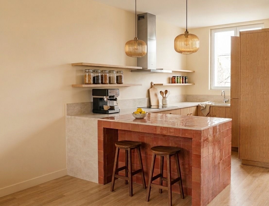 Visuel 3D de la cuisine : semi-îlot en zellige terracotta, deux tabourets en bois, suspensions en verre