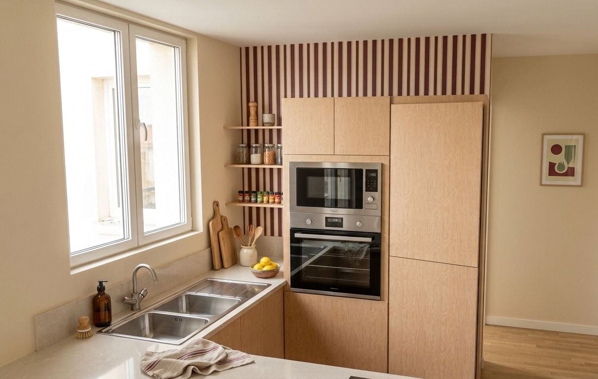 Exemple de visuel 3D : cuisine aux façades en bois clair, colonne four et micro-ondes encastrés