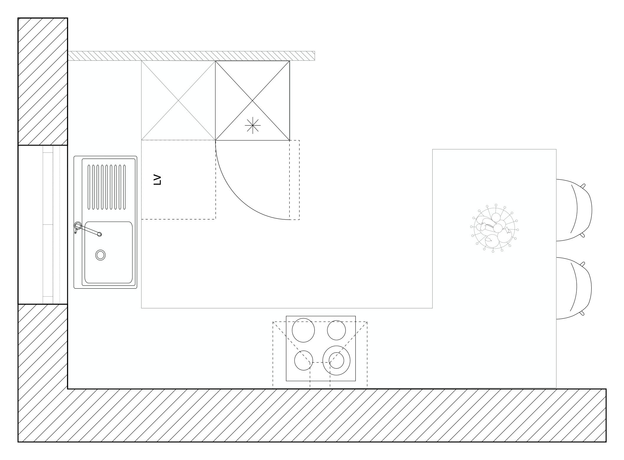 Exemple de plan détaillé : cuisine avec semi-îlot et deux places assises
