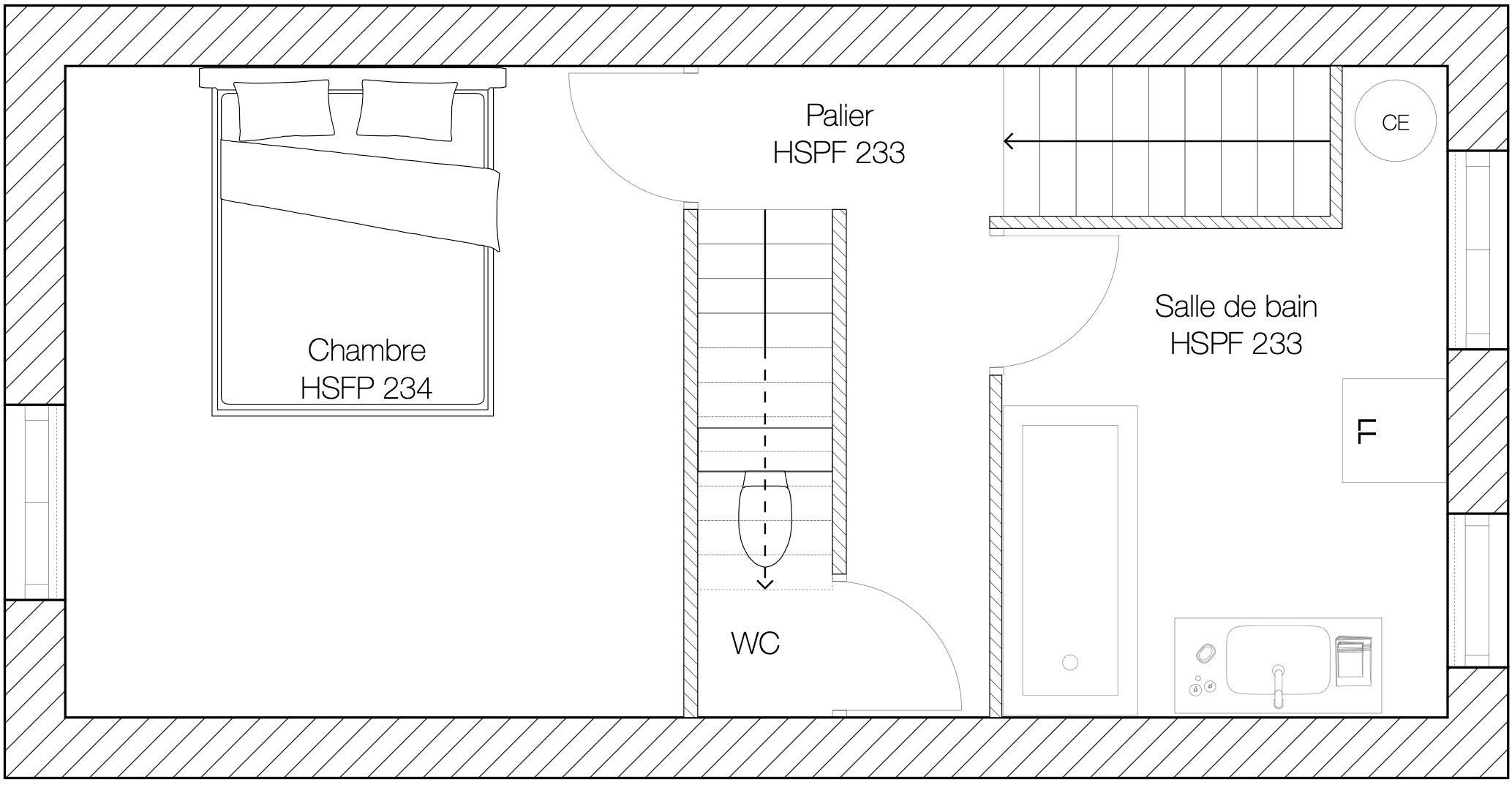 Exemple de plan de l'existant : 1er étage d'une maison de ville, chambre, palier et salle de bain