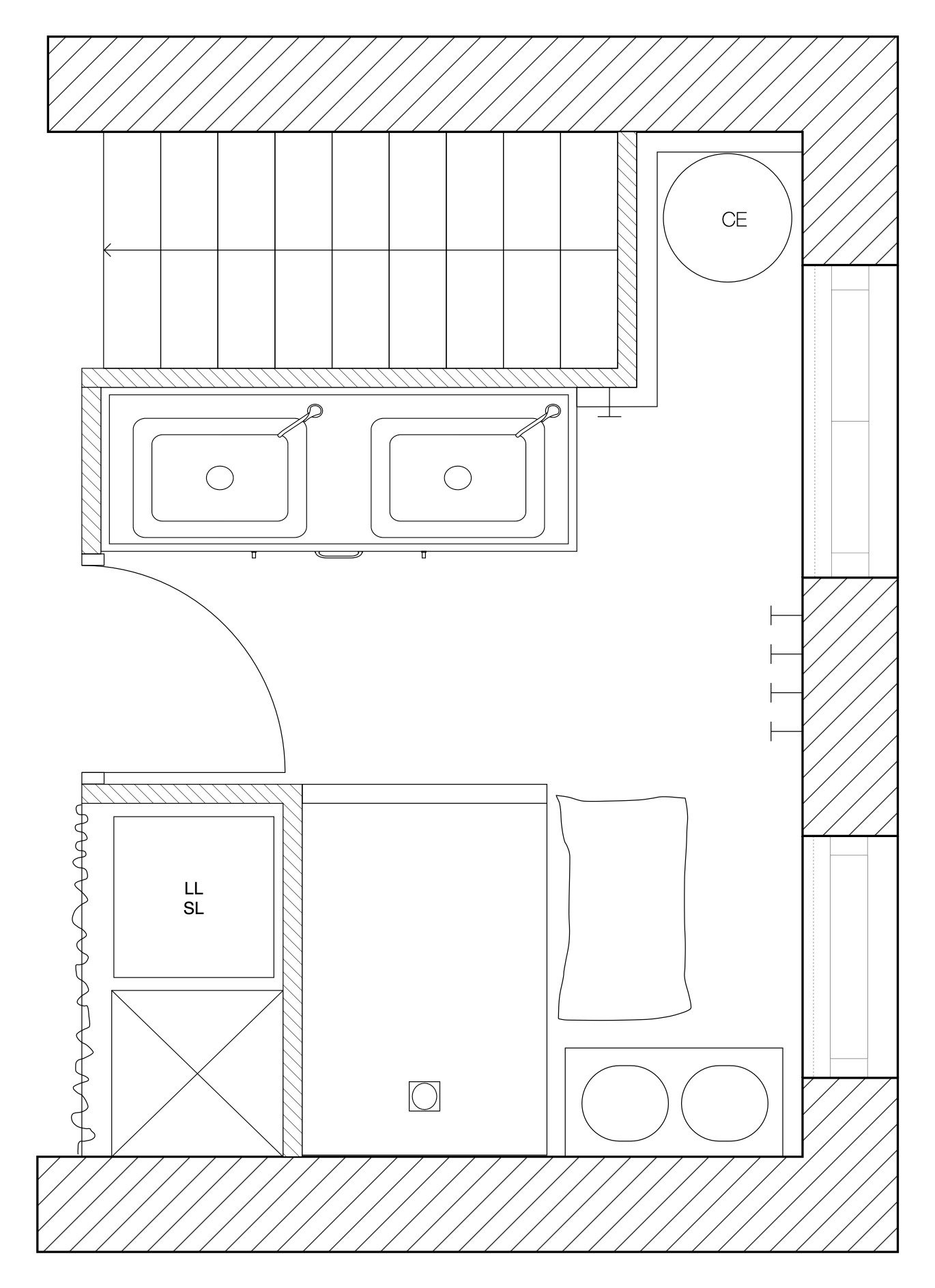 Plan de la salle de bain : douche, double vasque et placard buanderie