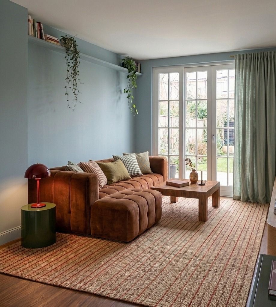 Visuel 3D du salon : canapé en velours, murs bleu poudré, tapis en jute, porte-fenêtre sur le jardin