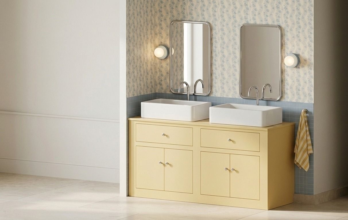 Visuel 3D de la salle de bain : double vasque sur meuble jaune, deux miroirs